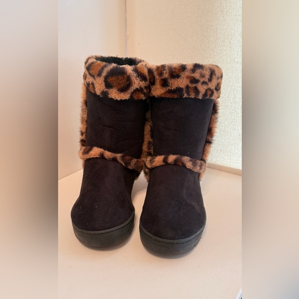 Leopard Trim Black Suede Boots